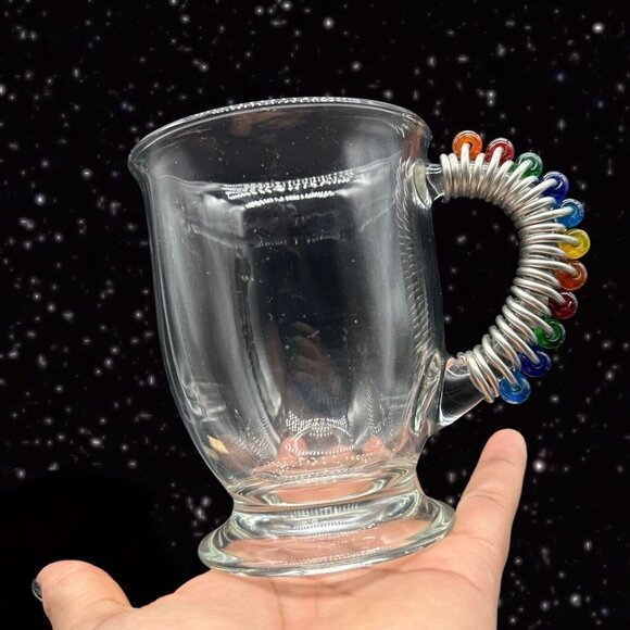 Anchor Hocking Glass Clear Mug With Metal Wrap Handle Set 2 Rainbow Beads 5”T - Picture 3 of 10